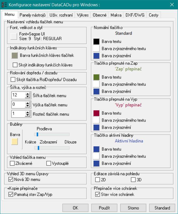 Preference Dialog Preference byl zvětšen a reorganizován kvůli snadnějšímu přístupu k menu a prostředí výkresu. Původní záložka Uživ. rozhraní byla přejmenována na Menu.