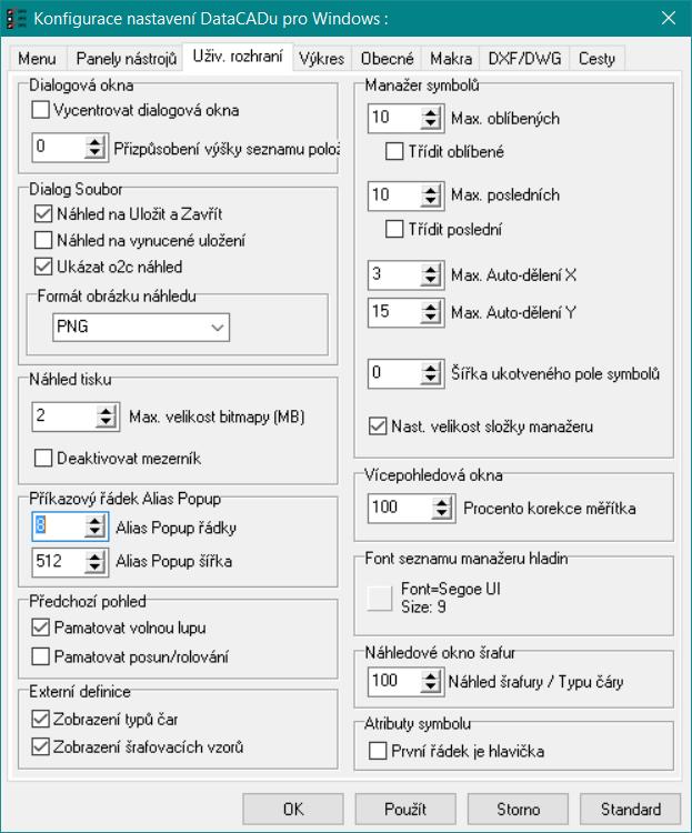 Obr. 6: Záložka Uživatelské rozhraní Uživatelské rozhraní Byly přidány nové volby. Dialog Soubor Umožňuje upravit nastavení náhledu dialogu Soubor v DataCADu.