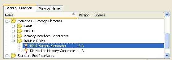 V záložce view by function vyberte Memories&Storage elements RAMs & ROMs Block Memory Generátor (viz obr 8.