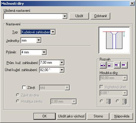 UTB ve Zlíně, Fakulta technologická 31 Další parametry jako je průměr nebo hlouba díry si opět nastavíme až v rovině modelování v záložce možnosti díry (viz. Obr.