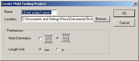34 Panel nástroj Mold tooling Po kliknutí na ikonu Create Mold Tooling Project (vytvoř projekt formy) (viz. Obr.
