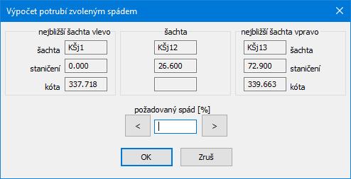 Výpočet kóty odtoku zvoleným spádem : Přidání nové šachty: Na zadávací liště je třeba vložit název a staničení budoucí šachty.