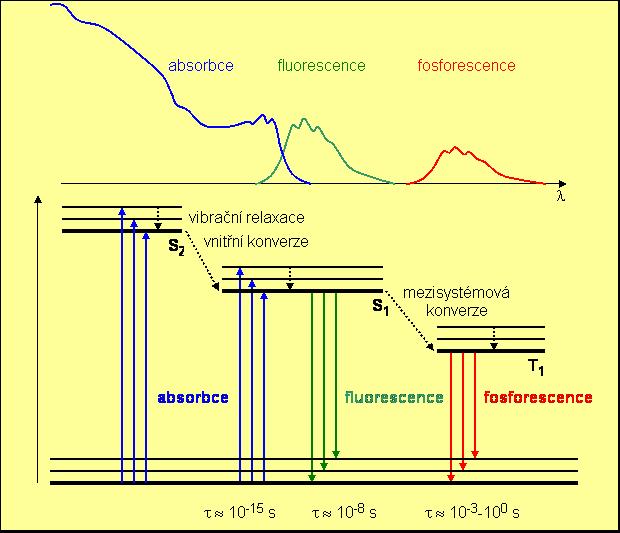Obr. 20 Jablonského diagram, převzato z [51]. Každá fluoreskující molekula má dvě charakteristická spektra.