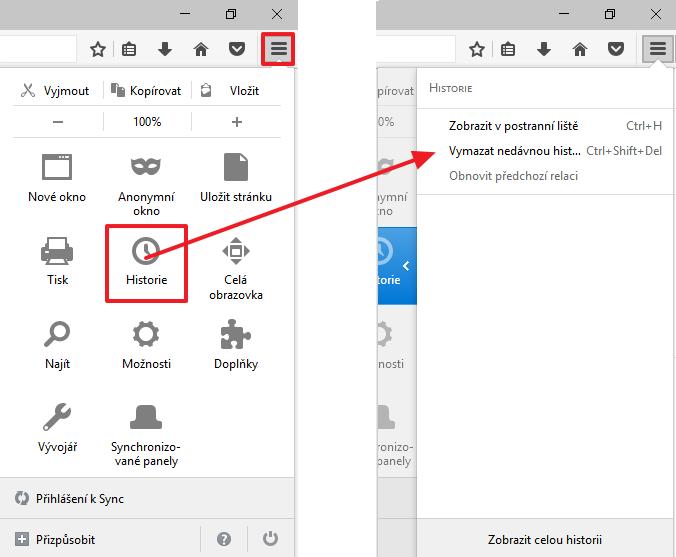 Mozilla Firefox 1. Ukončete práci a zavřete všechny záložky se systémem MS2014+, jinak nemusí dojít ke kompletnímu promazání cache a cookie. 2. Otevřete okno pro vymazání nedávné historie (kl.