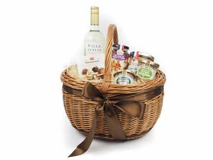 Dárkový koš Villa Belgian Bílé Víno Villa Italia 0,75 l Marmeláda z fialek 300 g Čokoládové belgické pralinky s posypem 50 g Farmářská terina se zeleným