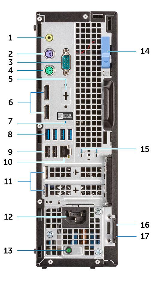 Zadní pohled 1. Port výstupu zvuku 2. Port PS/2 pro klávesnici 3. Sériový port (volitelný) 4. Port PS/2 pro myš 5. Port DisplayPort / HDMI 2.0b / VGA / USB typu C, alternativní režim (volitelně) 6.
