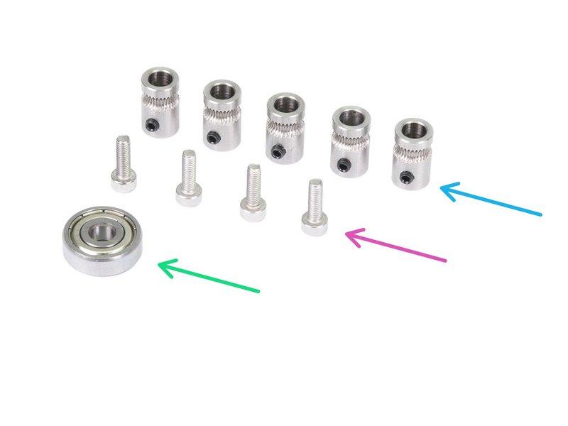 Step 5 Příprava dílů pro Pulley motor Pro následující kroky si prosím připravte: Podávací kolečko (5x) Šroub M3x10 (4x) Ložisko 625 (1x) Pulley motor* (1x) Filament s délkou 10-15 cm (1x) Filament