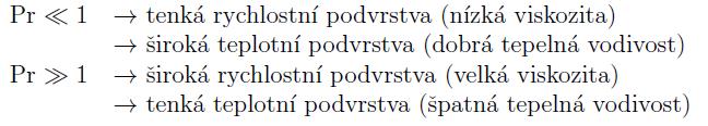 Volná konvekce podél nekonečné vertikální stěny: Gr 1/2 1 Na vlastnosti podvrstvy má také vliv Pr kritérium: tenká rychlostní podvrstva (nízká viskozita) široká teplotní podvrstva (dobrá tepelná