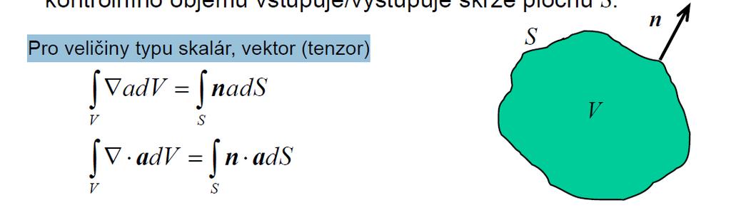 Integrální transformace Vyjadřuje zákon zachování hmoty pro transportované veličiny iv závislosti na kontrolním objemu V, který je obklopen kontrolní plochou S.