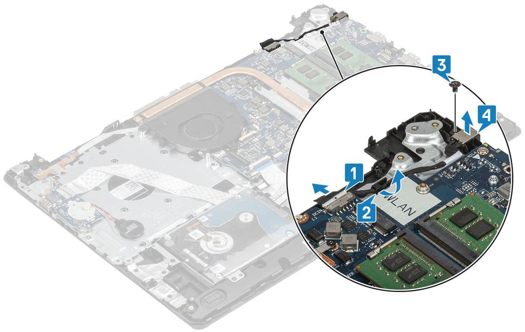 Montáž portu napájecího adaptéru 1 Vložte port napájecího adaptéru do slotu na sestavě opěrky pro dlaň a klávesnice [1].