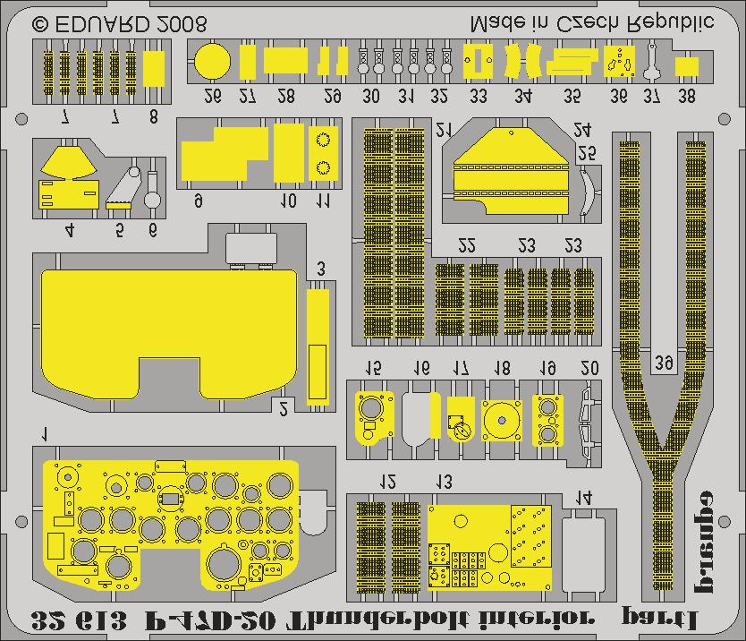 5/5 32 613 P-47D-20 Thunderbolt interior s. adh. 1/32 scale detail set for TRUMPETER kit sada detailů pro model 1/32 TRUMPETER 3. Do not touch the adhesive areas of the etched components. 3. Nesahejte na části dílů, na kterých je naneseno lepidlo.