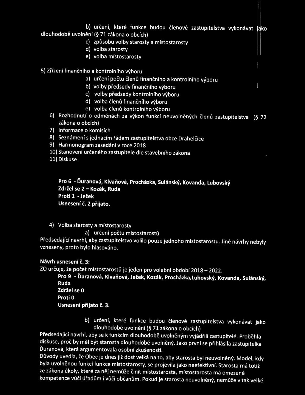 volba členů kontrolního výboru 6) Rozhodnutí o odměnách za výkon funkcí neuvolněných členů stva ( 72 zákona o obcích) 7) Informace o komisích 8) Seznámení s jednacím řádem stva obce Drahelčice 9)