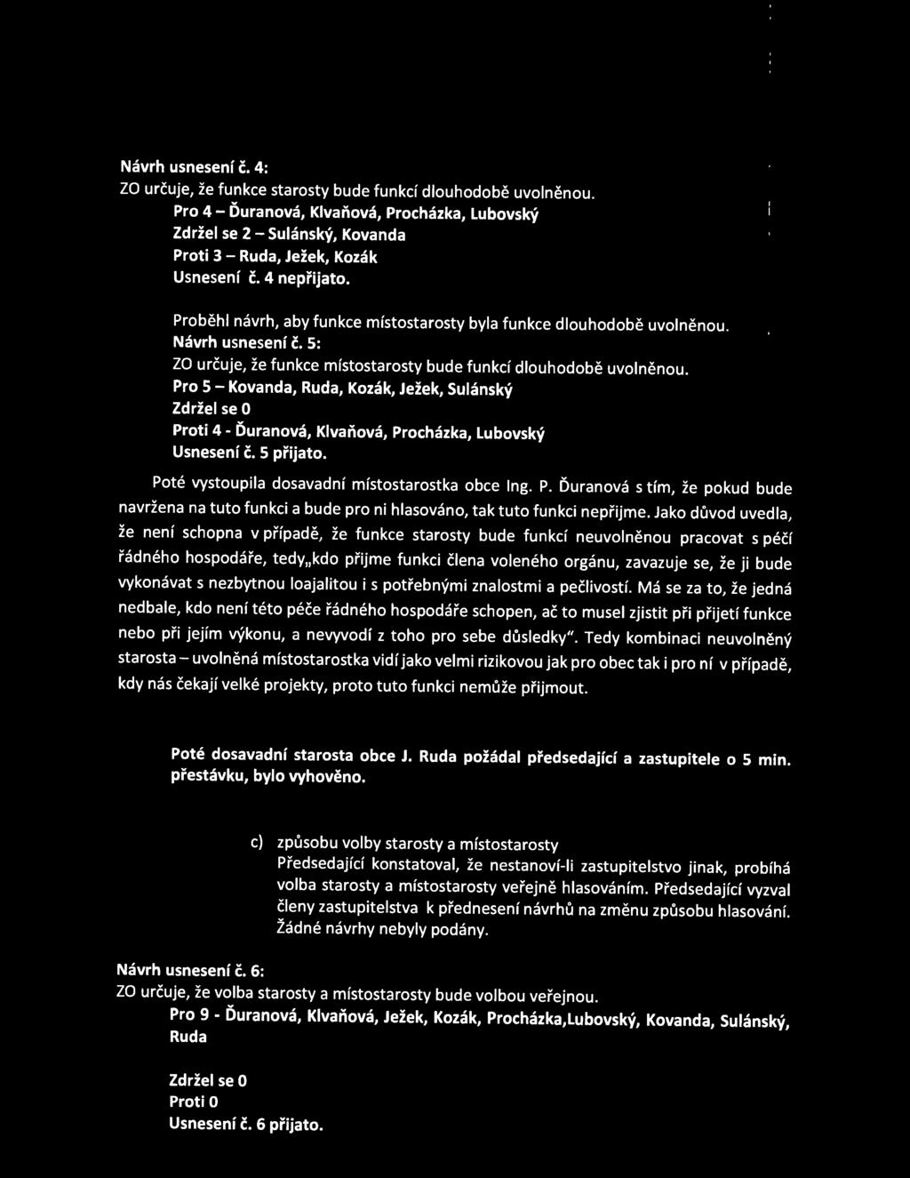 Návrh usnesení č. S: ZO určuje, že funkce místostarosty bude funkcí dlouhodobě uvolněnou. Pro S - Kovanda, Ruda, Kozák, Ježek, Sulánský Proti 4 - Ďuranová, Klvaňová, Procházka, Lubovský S přijato.