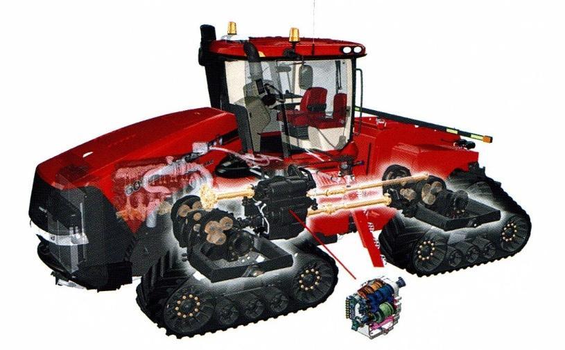 Převodovka traktoru Steiger 16/4 - Využívá se u traktorů s pásovým podvozkem. Je to pětihřídelová převodovka, která má tři předlohové hřídele, devět lamelových spojek.
