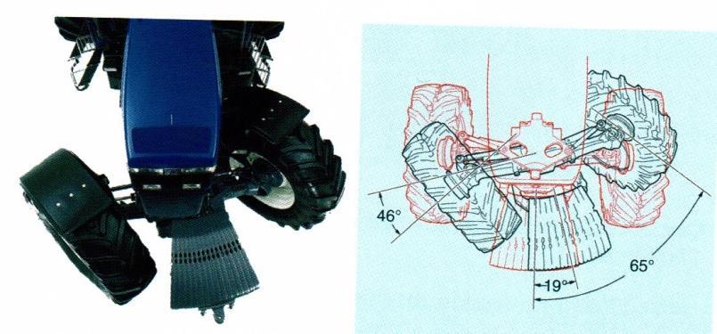 3.6.3 Speciální konstrukce přední nápravy Systém uchycení kol a nápravy umožňuje natočení až o 65. Při natočení náboje vůči nápravě o 46 se začne natáčet i celá přední náprava o dalších 19.