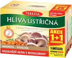 látek **Nejvyšší obsah deklarovaných betaglukanů. Dle průzkumu z lékáren, květen 2018. V akci také TEREZIA Hlíva s rakytníkovým olejem, 100+100 kapslí, cena 529 Kč.