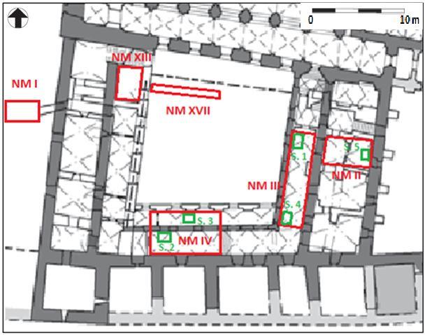 Obr. 7. Vyznačení jednotlivých nálezových míst a sond archeologického výzkumu kvadratury 2011 2012, I. podlaží. Nálezové místo č. I; nálezové místo č. II, sonda č.