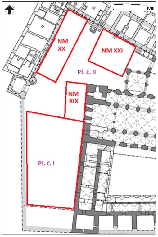 Obr. 11. Vyznačení jednotlivých ploch a nálezových míst archeologického výzkumu vnějšího nádvoří 2011 2012. Plocha č.