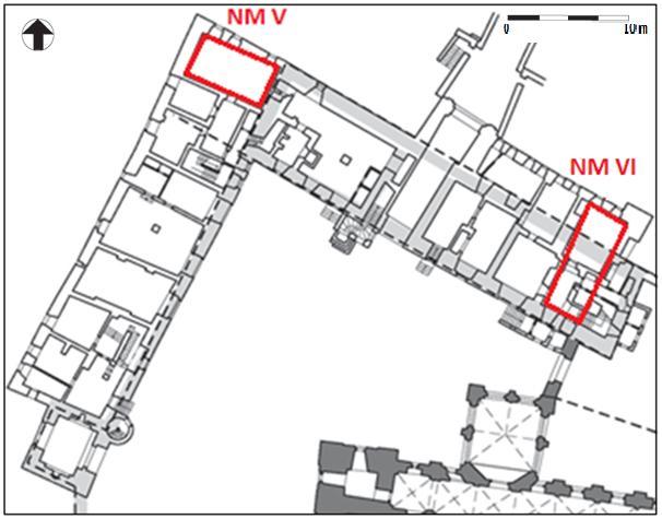 Obr. 13. Vyznačení jednotlivých nálezových míst archeologického výzkumu budov předzámčí 2011 2012, II.