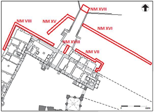 Obr. 15. Vyznačení jednotlivých nálezových míst archeologického výzkumu budov předzámčí 2011 2012, park. Nálezové místo č. VII; nálezové místo č.