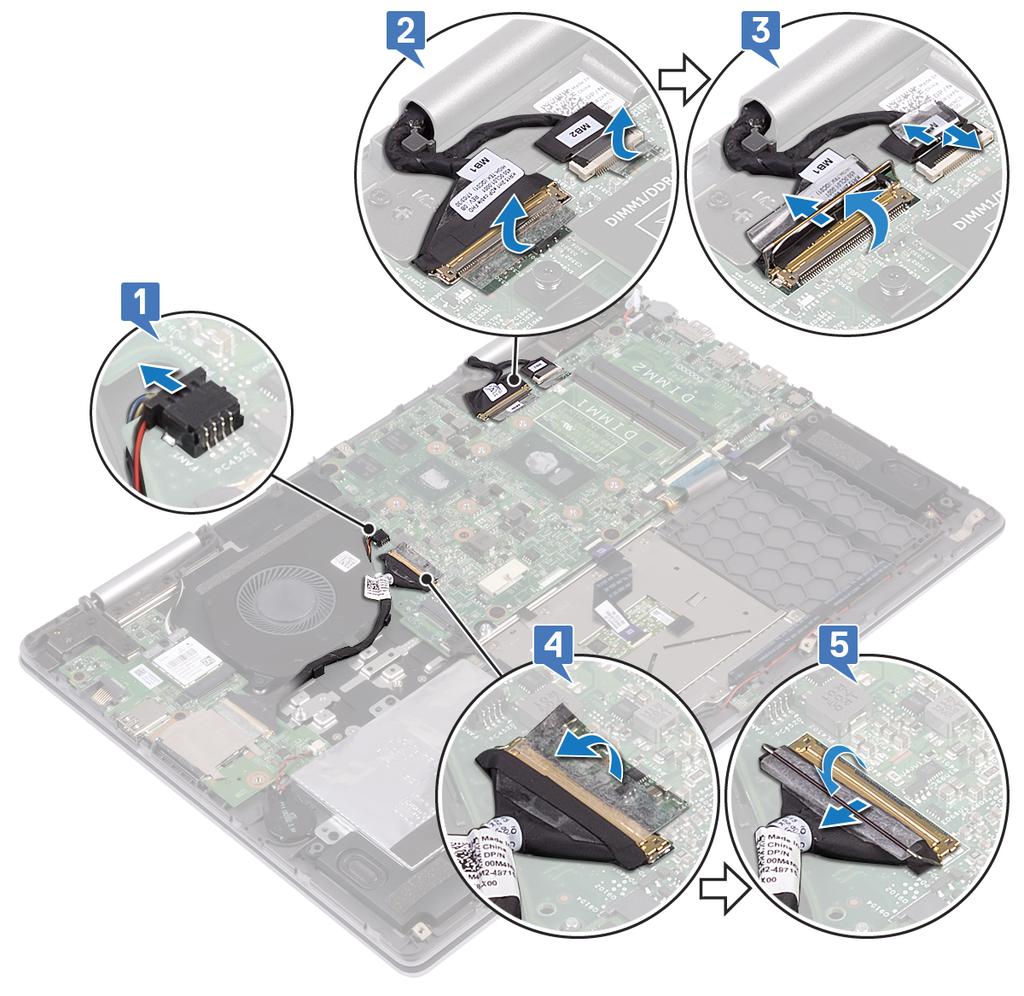 4 Sloupněte pásku, kterou je kabel desky I/O připevněn k základní desce. 5 Otevřete západku a odpojte kabel desky I/O od základní desky. 6 Odpojte pomocí poutka kabel pevného disku od základní desky.