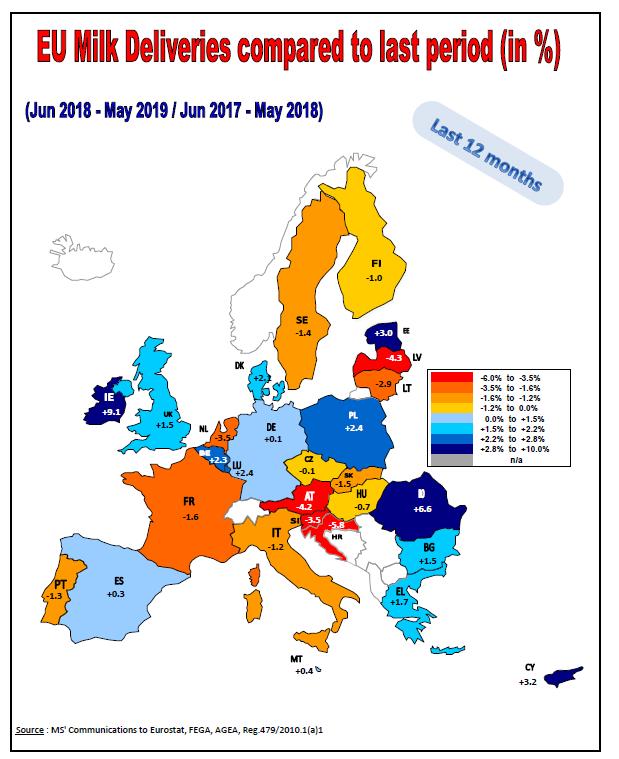 Dodávky mléka v EU podle jednotlivých ČS (%) Porovnání: červen 2018 - květen