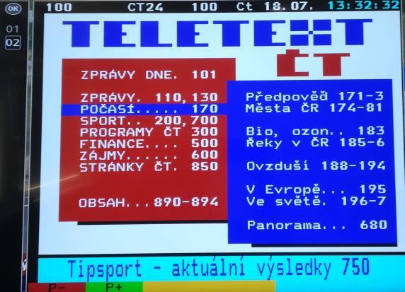8.8.1 Volba stránky > Zadejte číslicovými tlačítky 0 až 9 třímístné číslo požadované stránky. > Použijte barevná funkční tlačítka, abyste vyvolali v odpovídajících polích zobrazené stránky. 8.
