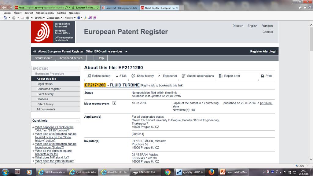 European Patent Register Informace