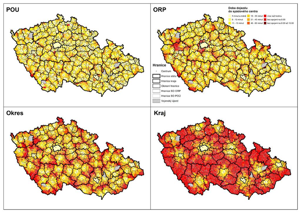 ANALÝZY DOSTUPNOSTI VS DOJÍŽĎKY MHD Průměrný čas a vzdálenost dojezdu POÚ: 19,4 min a 9,2 km ORP: 25,61 min a 12, 4 km Okresní m.