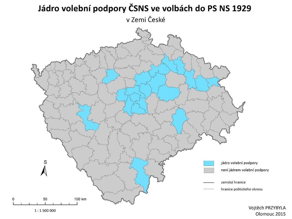Obr. 15 Volební podpora ČSNS v Čechách ve volbách 1929 (SÚS, vlastní výpočty) Obr.