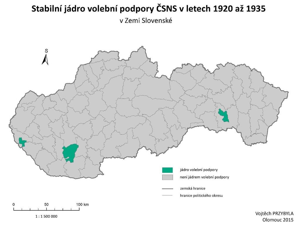 Obr. 32 Stabilní jádro volební podpory ČSNS na Slovensku 1920 1935 (SÚS, vlastní výpočty) Tab.
