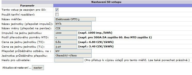 Konﬁgurace S0 vstupů Konﬁgurace optického vstupu OPTO 3 pro elektroměr s přímým měřením.