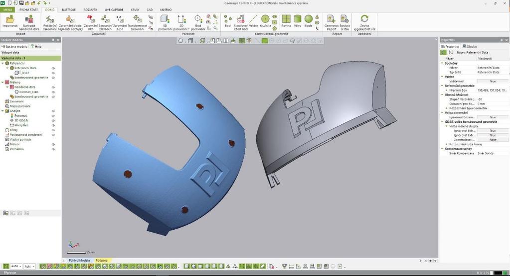 Porovnání naskenované součásti s CAD daty Model získaný 3D skenováním a úpravou v prostředí programu VXelements byl exportován do softwaru Geomagic Control X.