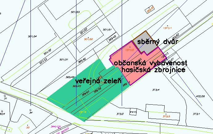 Změna 3.05 Požadovaná změna: plochy veřejné zeleně, vybudování hasičské zbrojnice, knihovny a provozu sběrného dvora. Umístění: přibližně dle zákresu do katastrální mapy v k.ú.