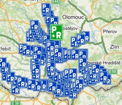 parkovištích a parkovacích plochách využitelných jako P+R - místa pro zaparkování vozidla a přestup na veřejnou dopravu.