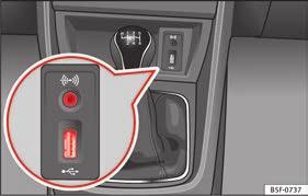 Ovládání Multimédia Přípojka USB/AUX-IN Obr. 130 Přípojka USB/AUX-IN. Vždy podle trhu a vybavení může mít vozidlo k dispozici přípojku USB/AUX-IN.