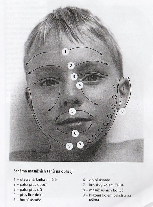 Obrázek 2: Schéma masážních tahů na obličeji (převzato z: Hašplová, 2000, s. 75) Jako následující krok jsme se s Jirkou zaměřili na dýchání.