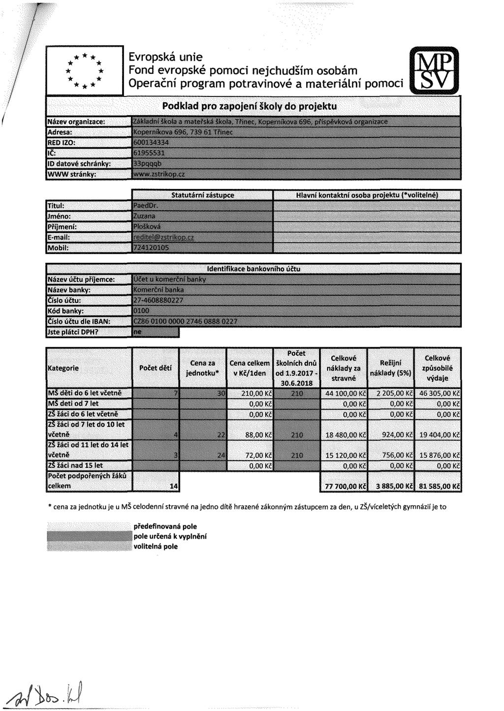 * * Evrpská une Fnd evrpské pmc nejchudším sbám Operační prgram ptravnvé a materální pmc Pdklad pr zapjení šky d prjektu Název ríanzjre Ad rs RED IZO IC ID datvé schránky WWW stránky: j 3 ' (.