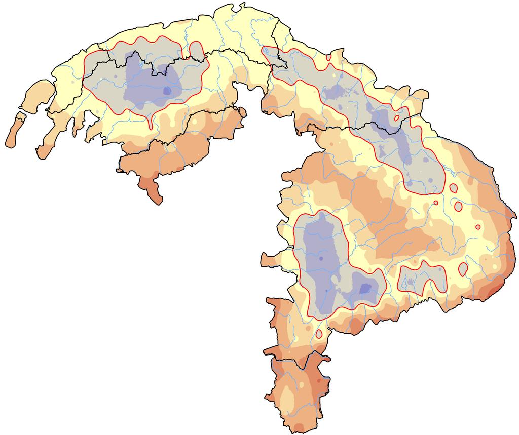 Klimatická exponovanost habru (Carpinus betulus) v Kaech v období 221-25 Změna Kirova teplotního indexu v období 221-25 oproti období 1961-199 Rakouskem, Slovenskem, Polskem, Maďarskem, Ukrajinou,