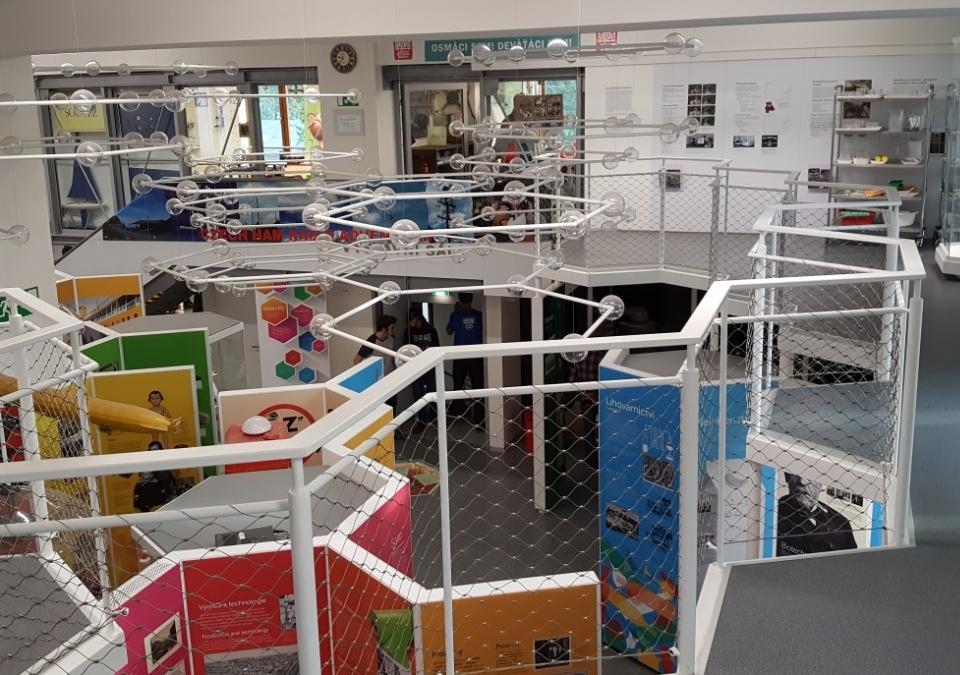 Tak tady, v Národním technickém muzeu, nad expozicí chemie, na ochozu v pozadí se nacházejí dvě učebny