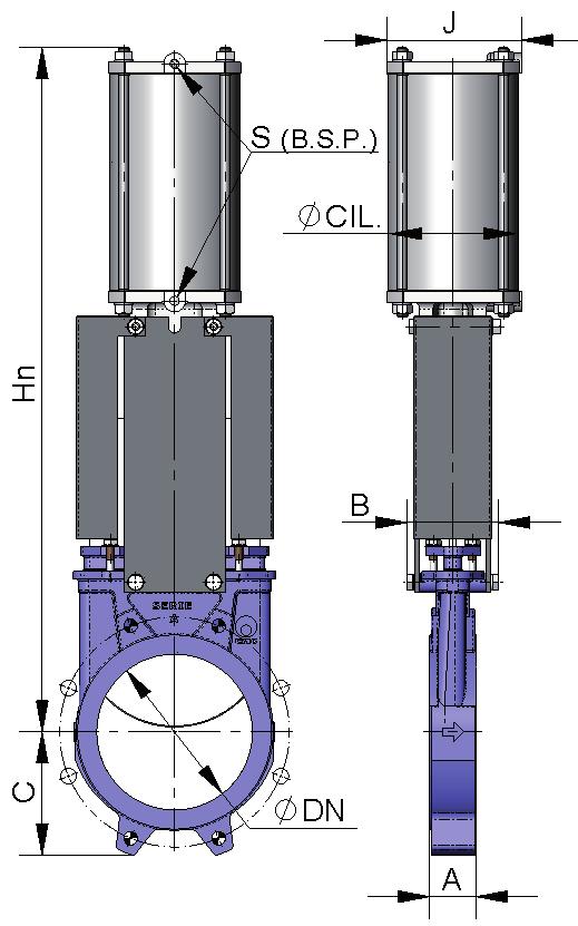Typ A s 2-činným pneumatickým pohonem Obr. 7 CYL. Ø válce ND fig. 22 (Kg/cm 2 ) A B C Ø válce Ø pístní tyče J S (B.S.P.