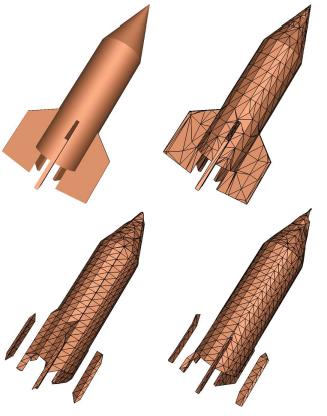 Obrázek 11. Vlevo nahoře je zobrazeno původní těleso, vpravo nahoře aproximovaný povrch získaný metodou Dual Marching Cubes, vlevo dole Marching Cubes a vpravo dole Dual Contouring.