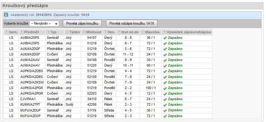 Protokol o provedených změnách v předzapsaných předmětech se Vám zobrazí v přehledné tabulce ihned pod tlačítkem pro zápis kroužku (více o možných chybách v předzápise viz příloha). 6.