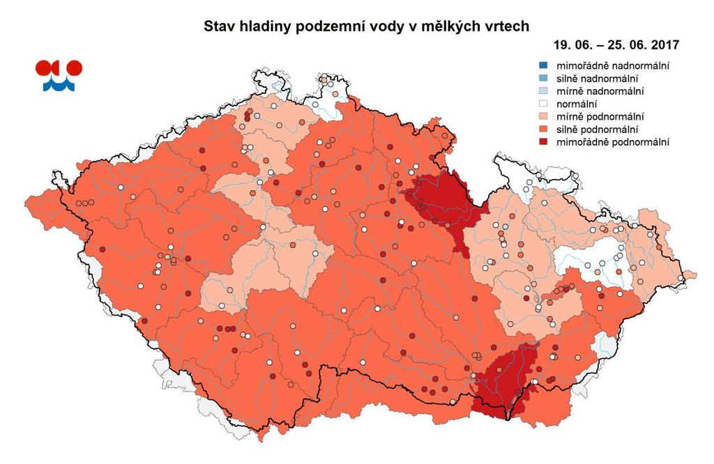 Mapa ukazuje stav podzemní vody ve sledovaných vrtech a oblastech povodí dle pravděpodobnosti překročení úrovně hladin v daném týdnu v referenčním období 1981 2010 (viz text).