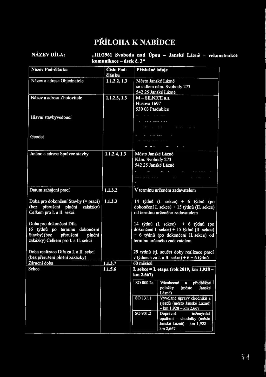 1.2.4,1.3 Město Janské Lázně Nám. Svobody 273 542 25 Janské Lázně, - Datum zahájení prací Doba pro dokončení Stavby (= prací) (bez přerušení plnění zakázky) Celkem pro I. a 11. sekci.