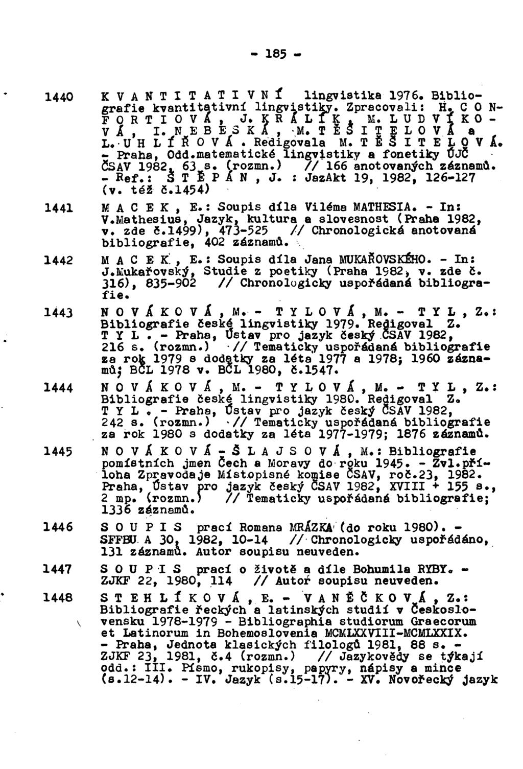 - 185-1440 K V A N T I T A T I V N Í lingvistika 1976. Bibliografie kvantitativní lingvistiky. Zpracovali: H. C O N- F O R T I O V Á, J. K R Á L Í K, M. L U D V Í K O V Á, I. N E B E S K Á, M.