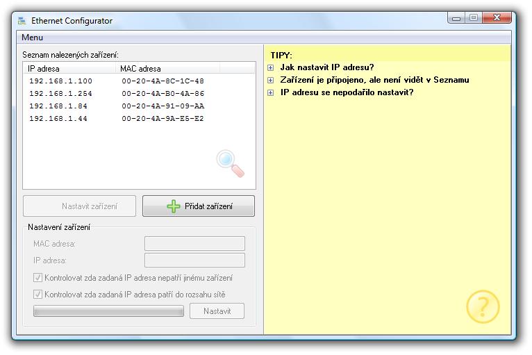 ZMĚNA IP ADRESY IP adresu je možné změnit těmito způsoby: Ethernet configurator Protokol ARP a Telnet E t h e r n e t c o n f i g u r a t o r Z výroby je nastavena adresa 192.168.1.254 a maska sítě 255.