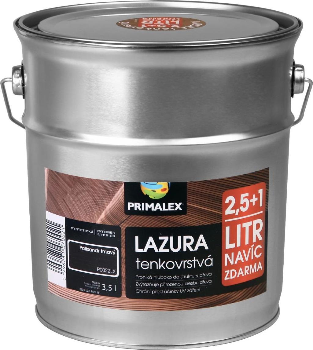 PRIMALEX LAZURA TENKOVRSTVÁ palisandr tmavý a ořech 2,5+1 litr ZDARMA 526,- Primalex Lazura tenkovrstvá je určena k ochranným a dekorativním vrchním nátěrům dřeva pro venkovní i vnitřní prostředí.