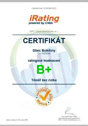 Obec Bolešiny získala pozitivní i-ratingové hodnocení Vedení obce Bolešiny se může pochlubit pěkným oceněním hospodaření obce za rok 2015, které získalo od iratingového hodnocení obcí ČR.