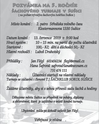 5. ervence 2019 Pozvánky / Inzerce / Kultura strana 9 Sportoviště města Sušice Veřejné in-line bruslení Úterý 16.00 18.00 in-line veřejné bruslení s možností zapůjčení hrazdiček Pátek 16.00 18.00 in- line veřejné bruslení s možností zapůjčení hrazdiček Neděle 16.